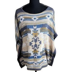 Orvis Womens Southwestern Aztec Shrug Poncho Sweater Beige Blue OS Cotton